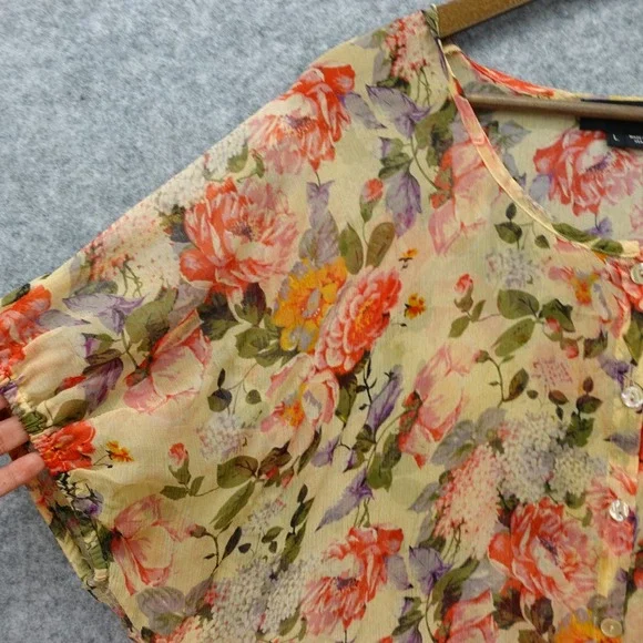 Karen Kane Silk Top Womens L Cream Rose Floral Peplum Blouse Sheer Boho USA Made - Picture 6 of 11